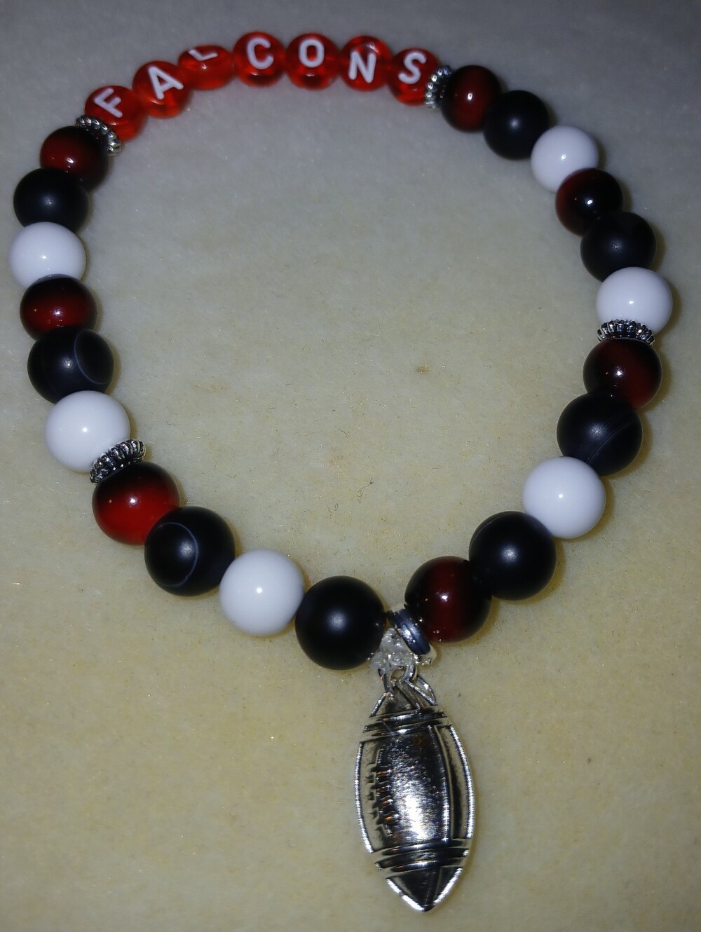 NWT Handcrafted Unisex Red, Black, White Beaded Football Charm Bracelet